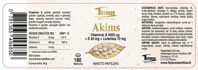 Akims: Vitaminai A, E + Liuteinas, 180 tablečių
