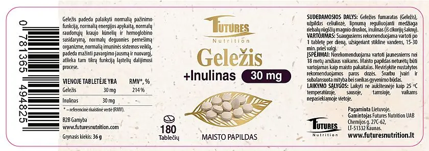Geležis su inulinu 30 mg, 180 tablečių