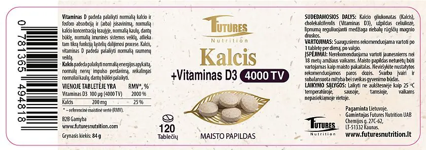 Kalcis + Vitaminas D3 4000 TV, 120 tablečių