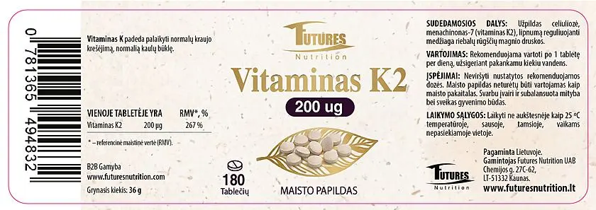 Vitaminas K2 200 µg, 180 tablečių